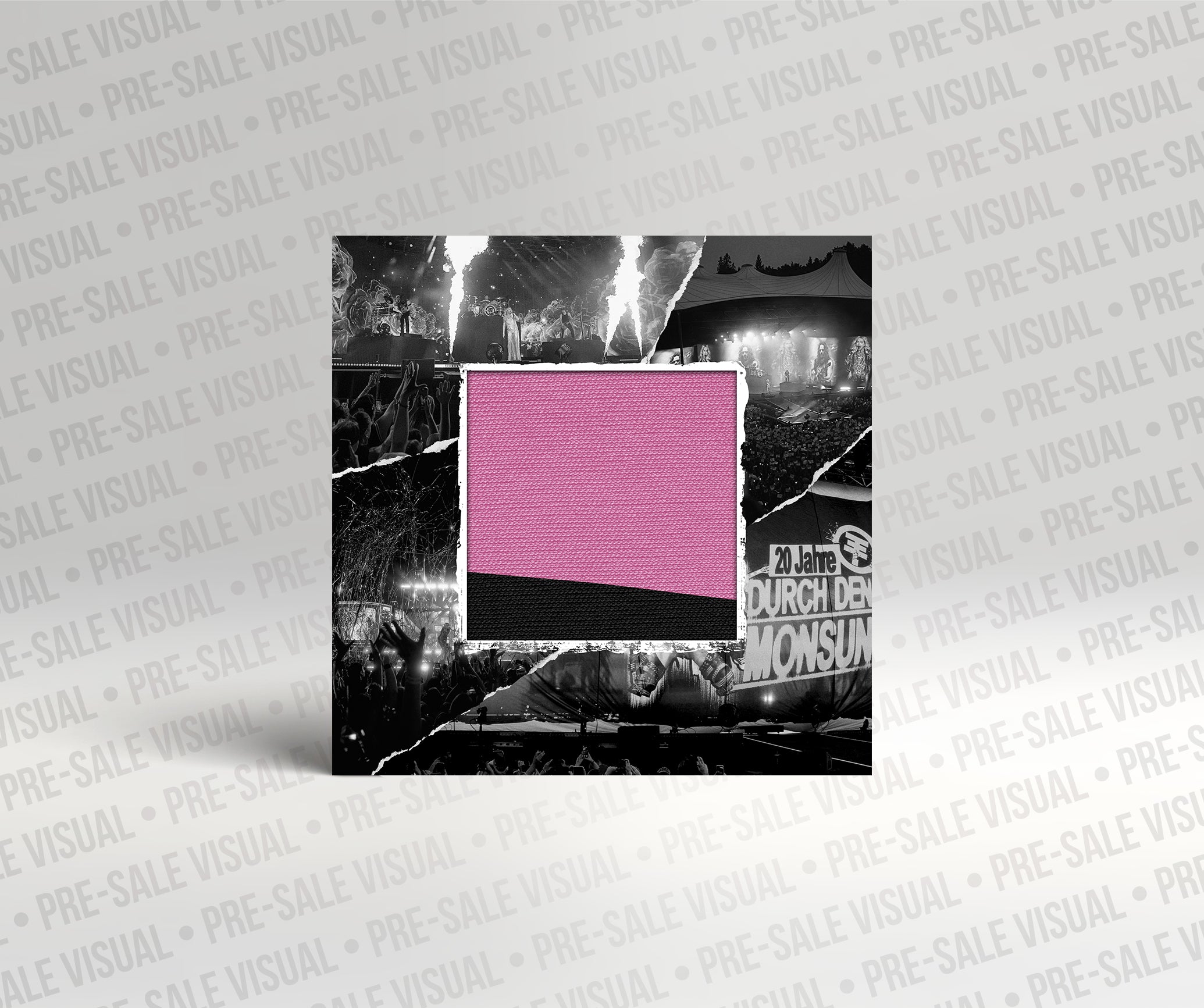 Quadratisches Stoffmuster in Pink und Schwarz vor einer Collage aus schwarz-weißen Konzertfotos und Tourmotiven von Tokio Hotel. Die Vorschau zeigt die Material- und Farbstruktur des Textils.