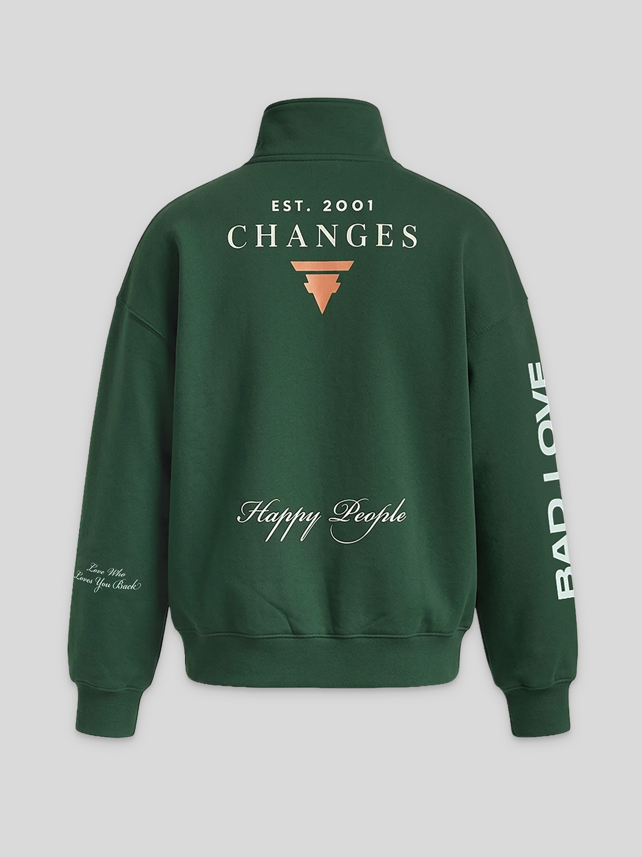 Rückseite eines grünen Sweaters mit weißem und orangem Print, darunter „EST. 2001“, „CHANGES“ und „Happy People“, zusätzlich Schriftzüge entlang der Ärmel.