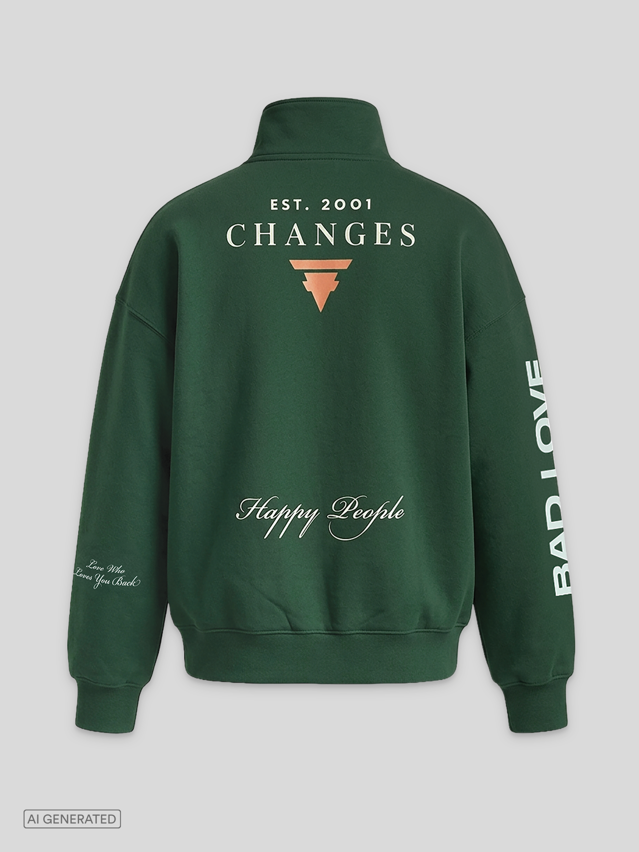 Rückseite eines grünen Sweaters mit weißem und orangem Print, darunter „EST. 2001“, „CHANGES“ und „Happy People“, zusätzlich Schriftzüge entlang der Ärmel.