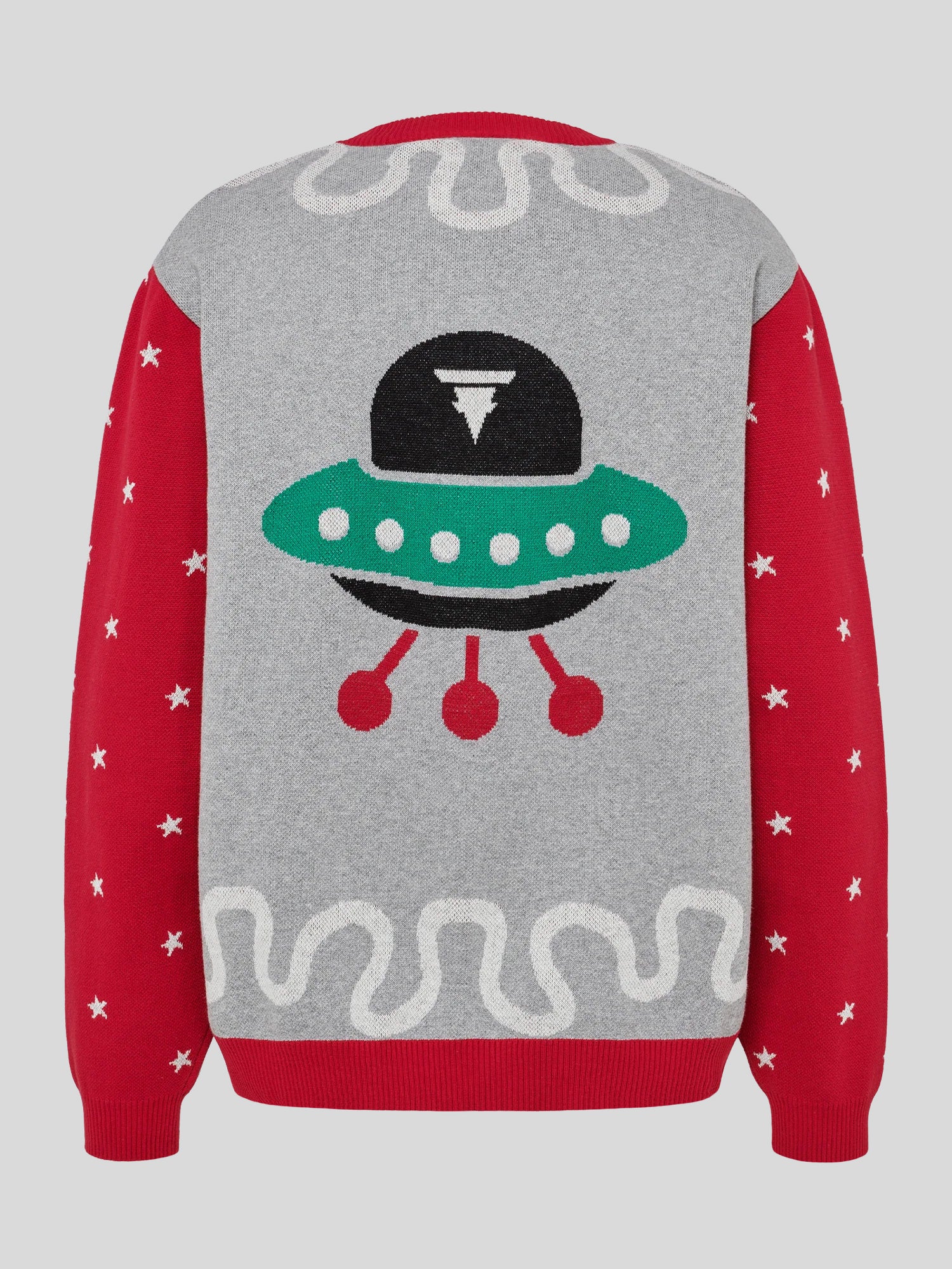 Rückseite des Pullovers mit großem UFO-Motiv in Grün, Schwarz und Rot auf grauem Grund. Über dem Raumschiff ist das Tokio-Hotel-Logo eingearbeitet. Die Ärmel sind rot mit weißen Sternen.