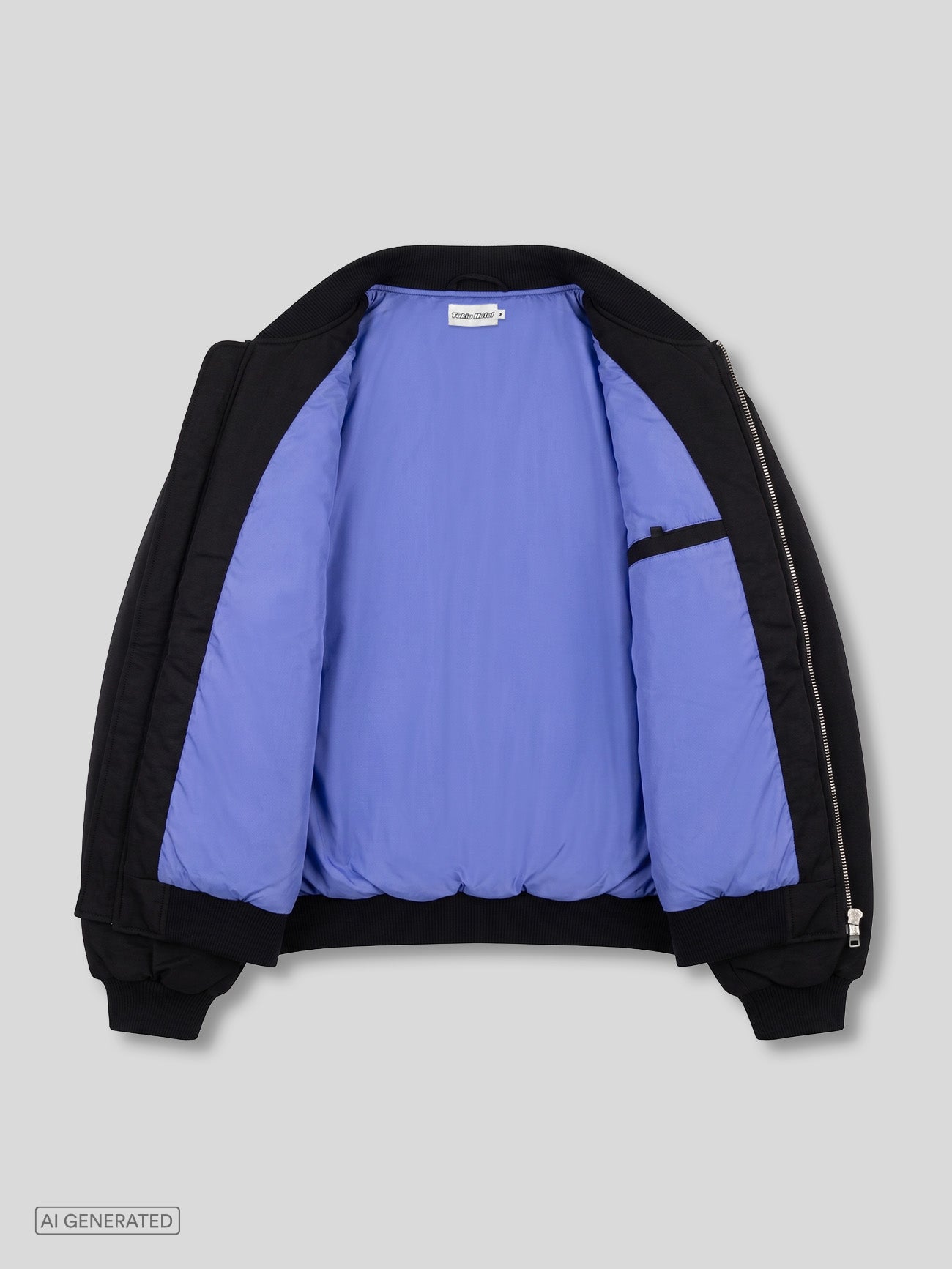Geöffnete schwarze Bomberjacke, die das leuchtend blaue Innenfutter zeigt. Im Nackenbereich befindet sich ein weißes ‚Tokio Hotel‘-Etikett und auf der rechten Innenseite eine eingenähte Brusttasche.