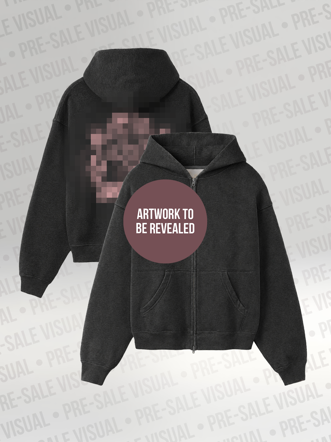 Zip Hoodie – Vorder- und Rückansicht
Dunkelgrauer Oversize-Zip-Hoodie mit Kapuze und großflächigem, verpixeltem Artwork auf der Rückseite. Auf der Vorderseite befindet sich ein Platzhalter mit „Artwork to be revealed“. Pre-Sale-Mock-up von Tokio Hotel „Encore“.