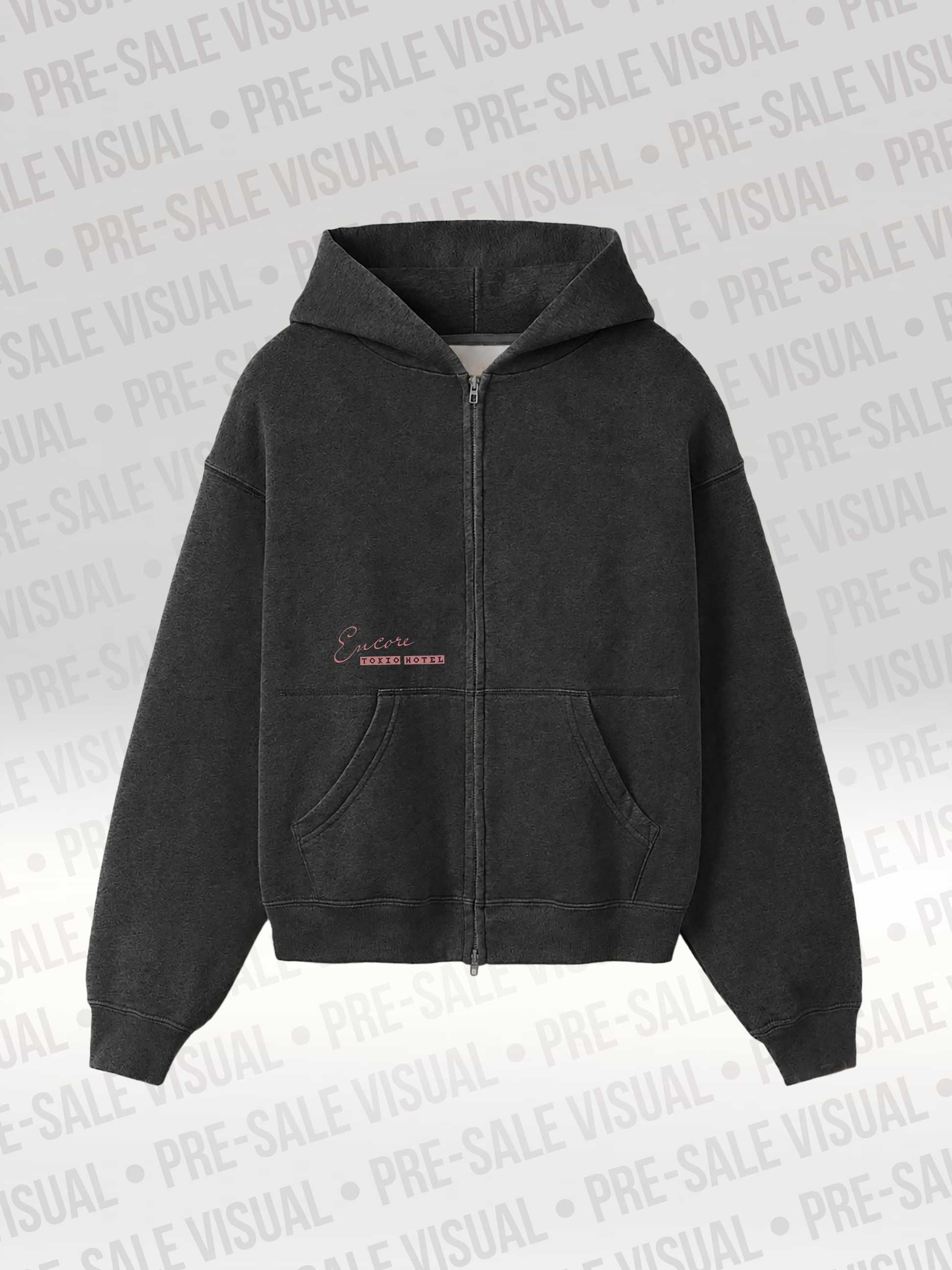 Zipper Jacke schwarz mit Bauchtasche und kleinen rosa Druck mit dem Schriftzug Encore Tokio Hotel