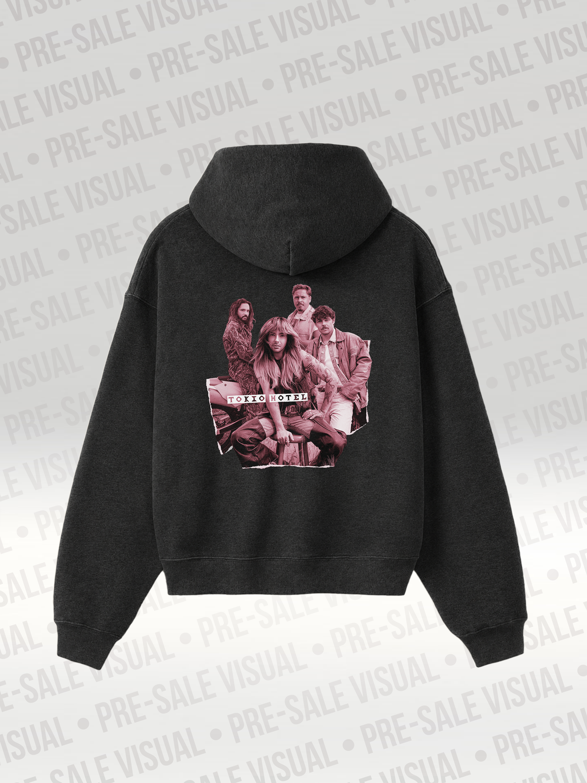 Rückseite einer schwarzen Zipper Jacke mit rosa Druck der Band Tokio Hotel. Alle vier Bandmitglieder und der Schriftzug Tokio Hotel ist zu sehen. 
