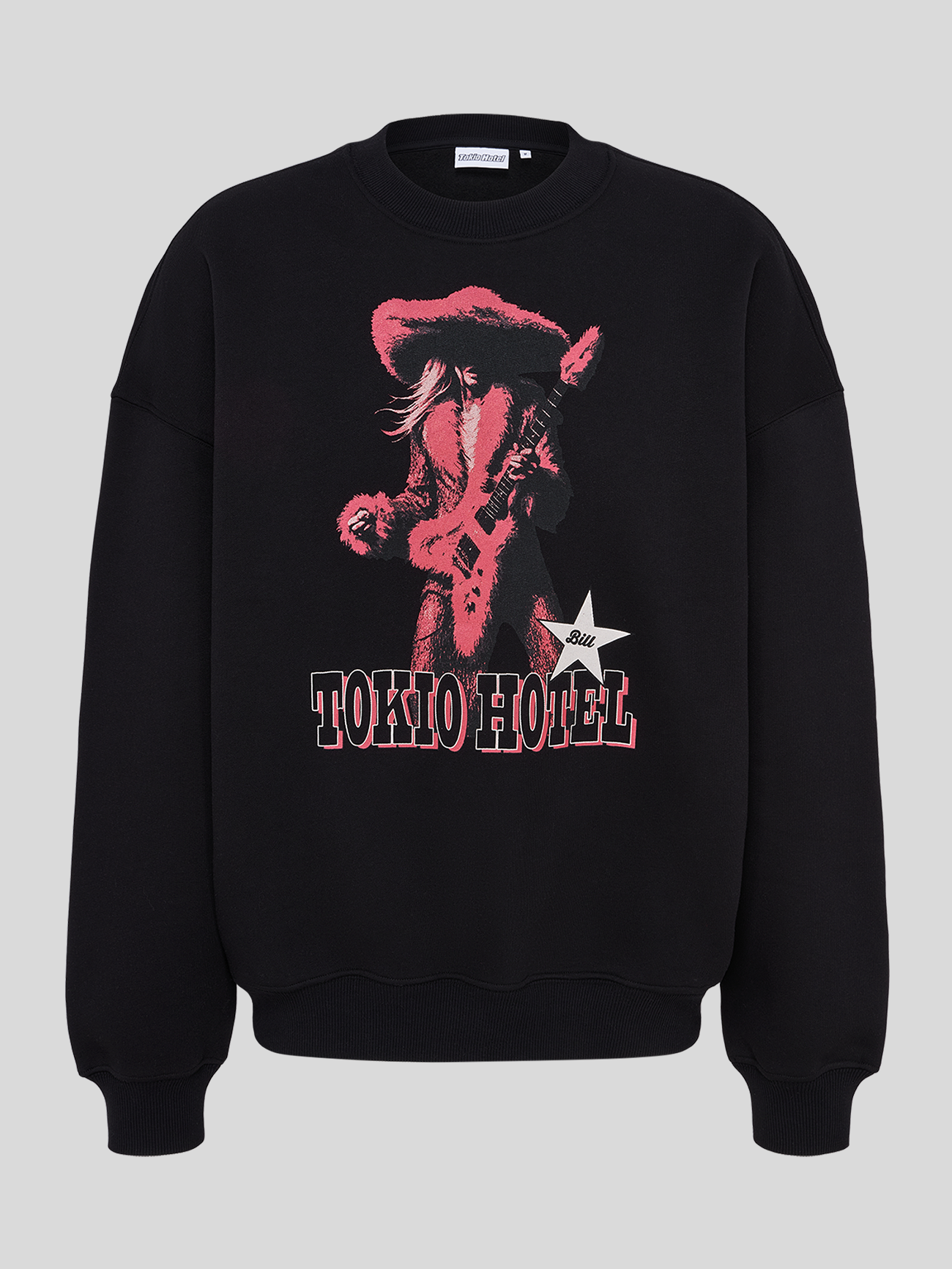Schwarzer Tokio-Hotel Sweater mit rotem Gitarren-Motiv, Cowboyhut-Illustration und großem „TOKIO HOTEL“-Schriftzug auf der Vorderseite.