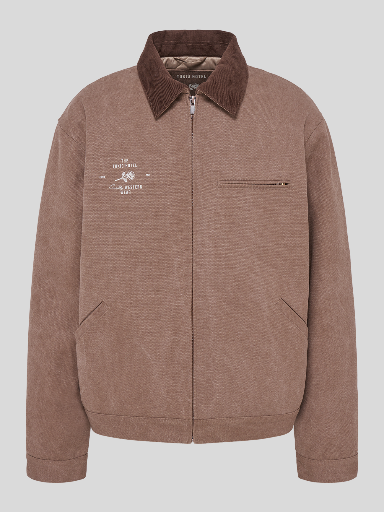 Braune Tokio-Hotel-Jacke mit Reißverschluss, Cordkragen, Bruststickerei und seitlichen Taschen, frontal fotografiert.