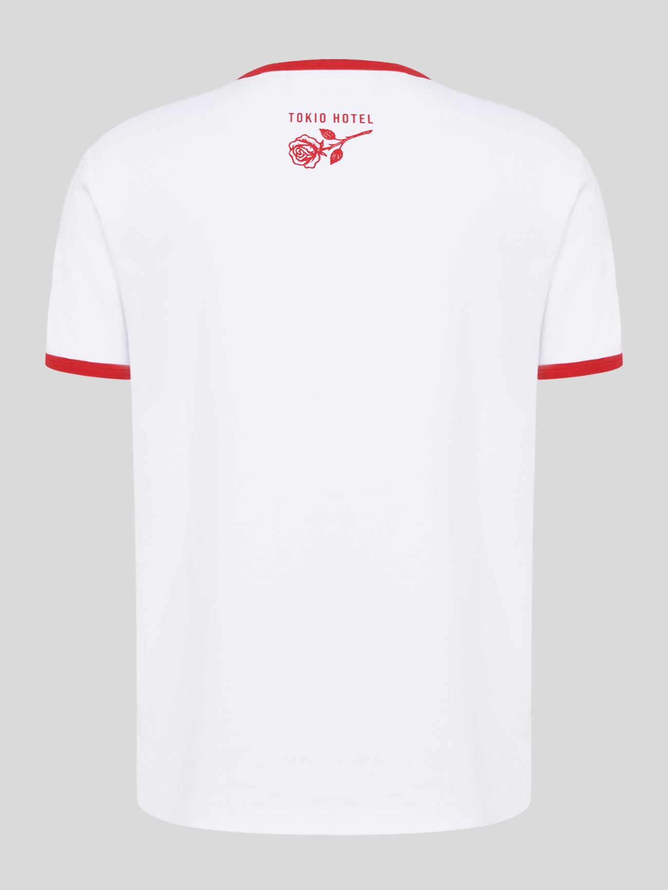 Weißes Tokio-Hotel-T-Shirt mit rotem Rundhalsausschnitt und rotem Bandmotiv-Print auf der Vorderseite.